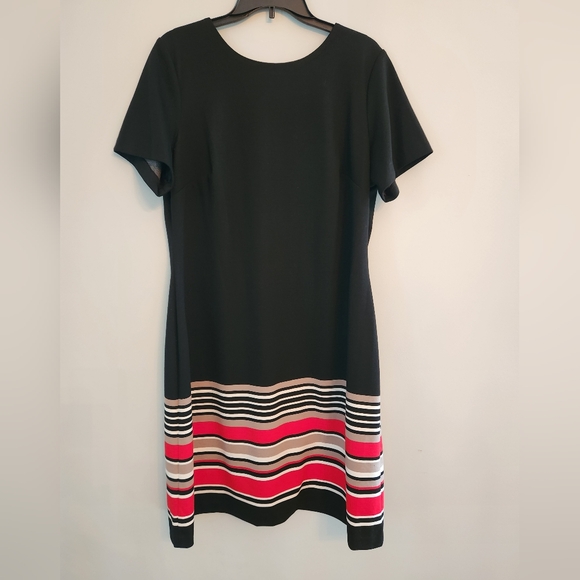 EUC Calvin Klein Black Dress with Colorful Red/Tan /White stripes.   Size 14W - Picture 1 of 5